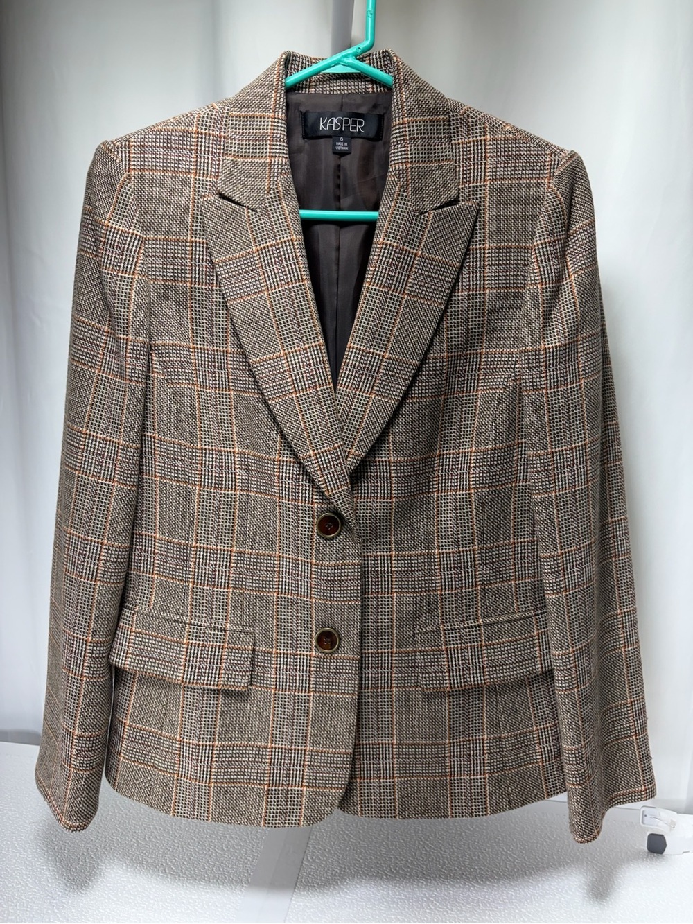 Kasper Brown Plaid Blazer with Orange Windowpane Accents 4423